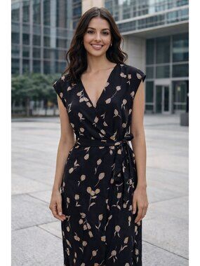 Vintage Banana Republic Black Floral Sleeveless Wrap Dress Belted Waist & V-Neck